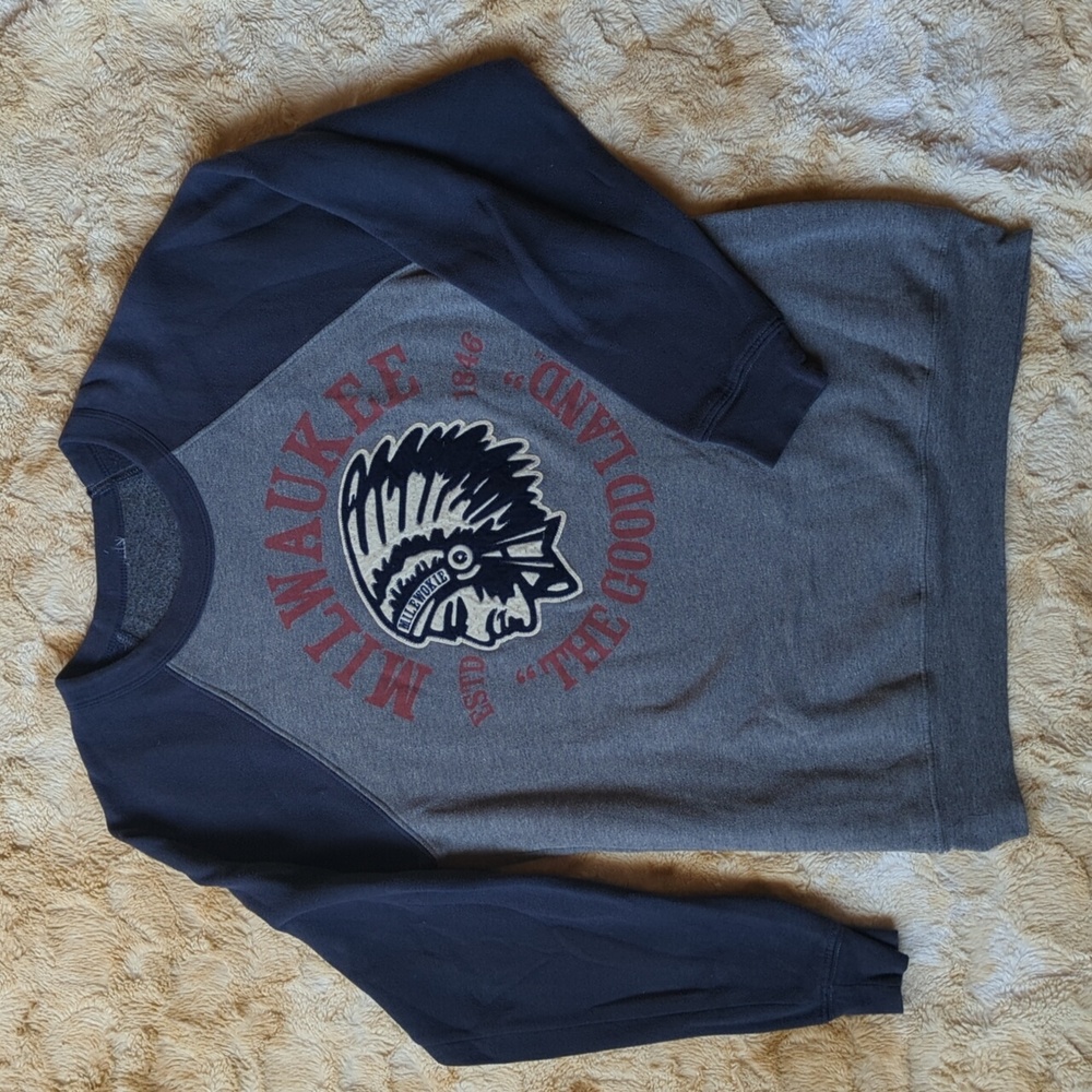 Milwaukee "The Good Land" Native American Chief Crew Sweatshirt. Blue/Gray/Red